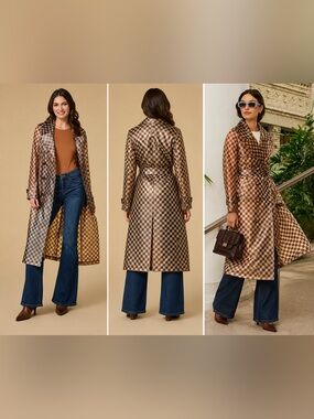 NVLT Retro Checkered Belted Trench Coat Brown White Glossy Rain Coat S